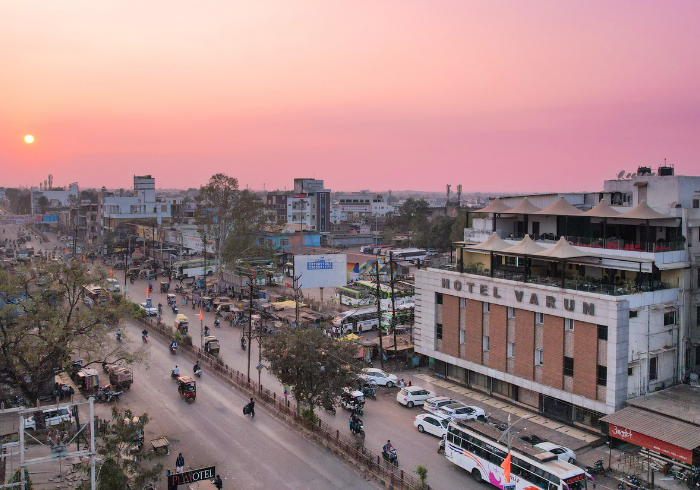 Aerial view of Hotel Varun on AB Road near the Bus Stand