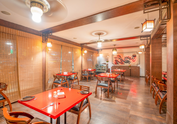 Private lounge tables set for a group lunch