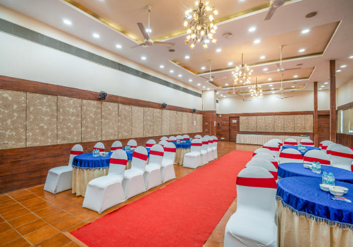 Full view of the Orion marriage hall at Hotel Varun