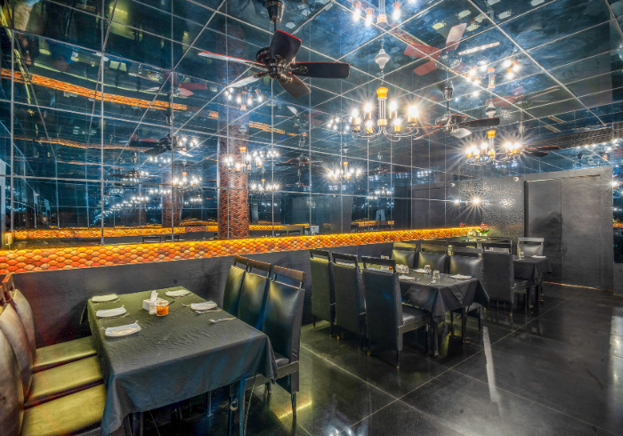 Mosaic dining hall with booth seating
