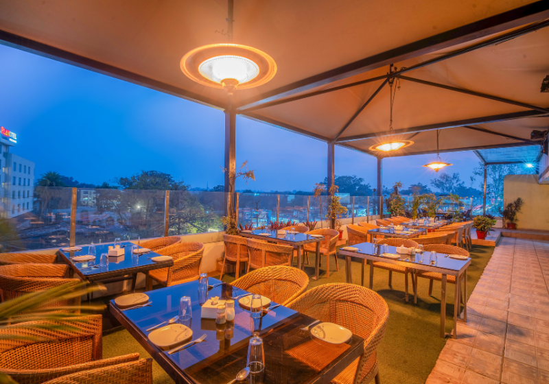 The Terrace Grill rooftop restaurant lit up in the evening