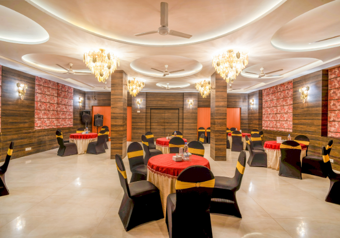 Perseus function hall with crystal chandeliers
